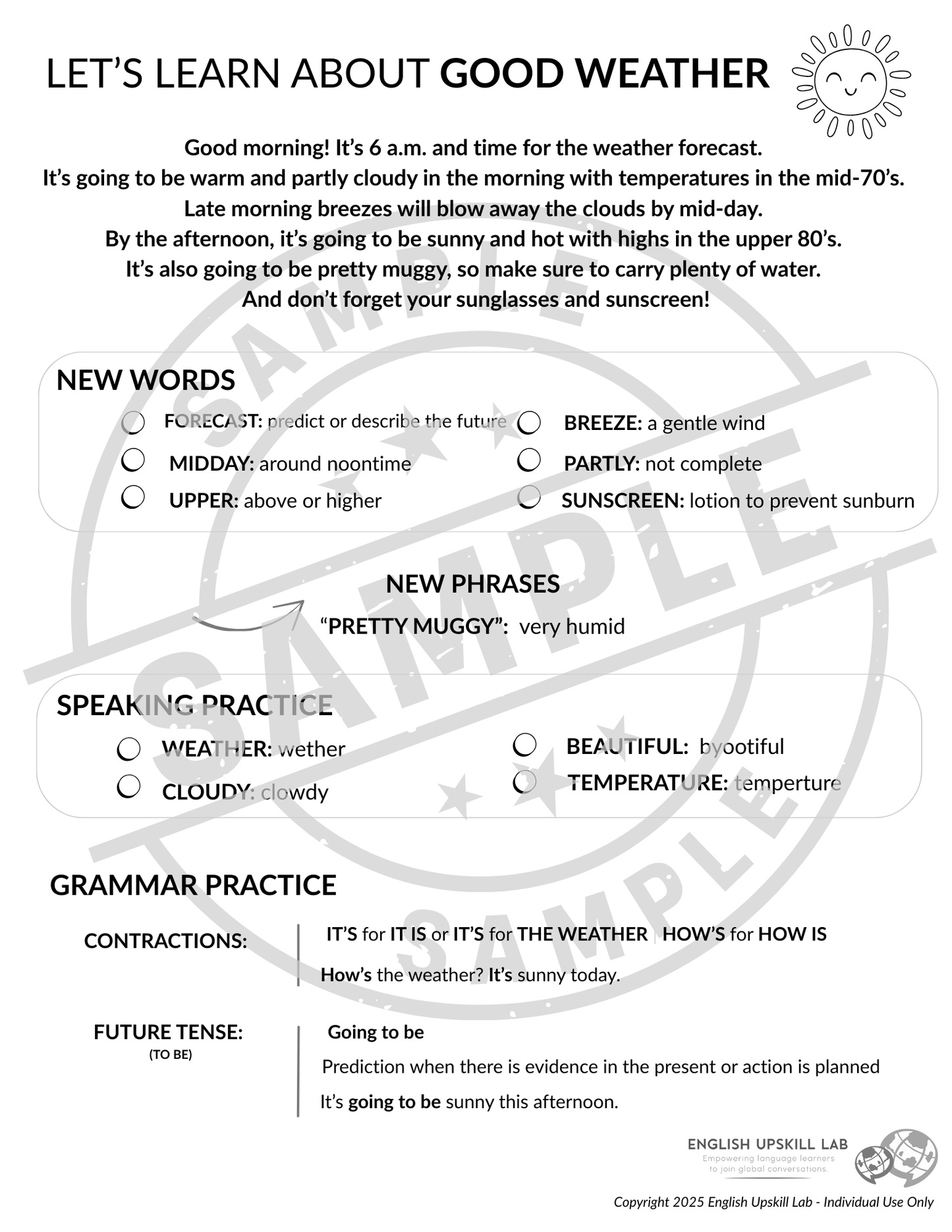 English Lesson Quick Study Guide:  Good Weather