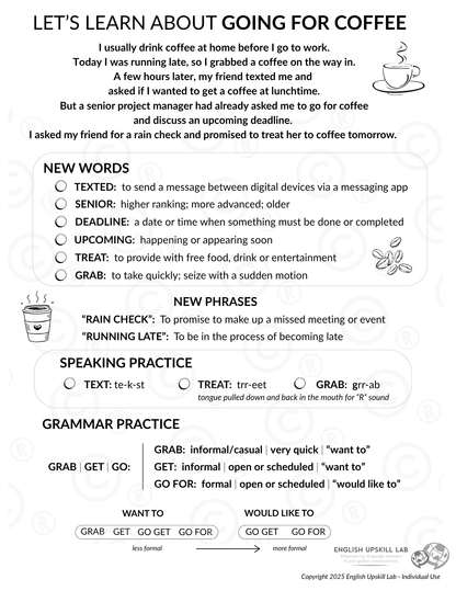 English Lesson Quick Study Guide: Going for Coffee