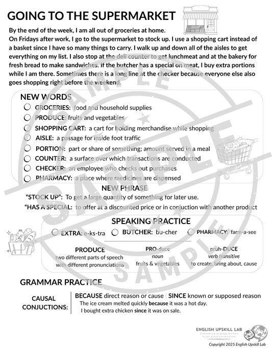 English Lesson Quick Study Guide: Going to the Supermarket