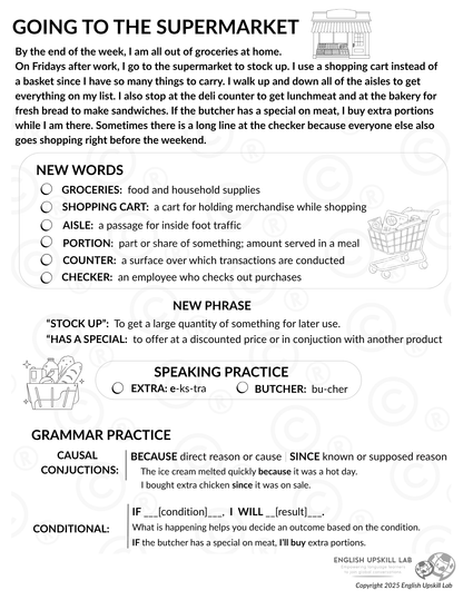 English Lesson Quick Study Guide: Going to the Supermarket