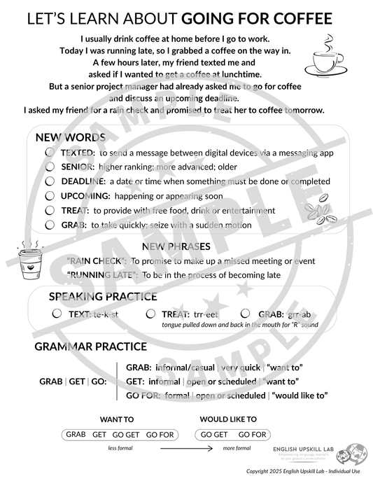 English Lesson Quick Study Guide: Going for Coffee