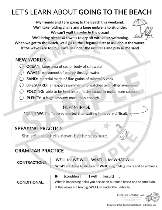 English Lesson Quick Study Guide:  Going to the Beach