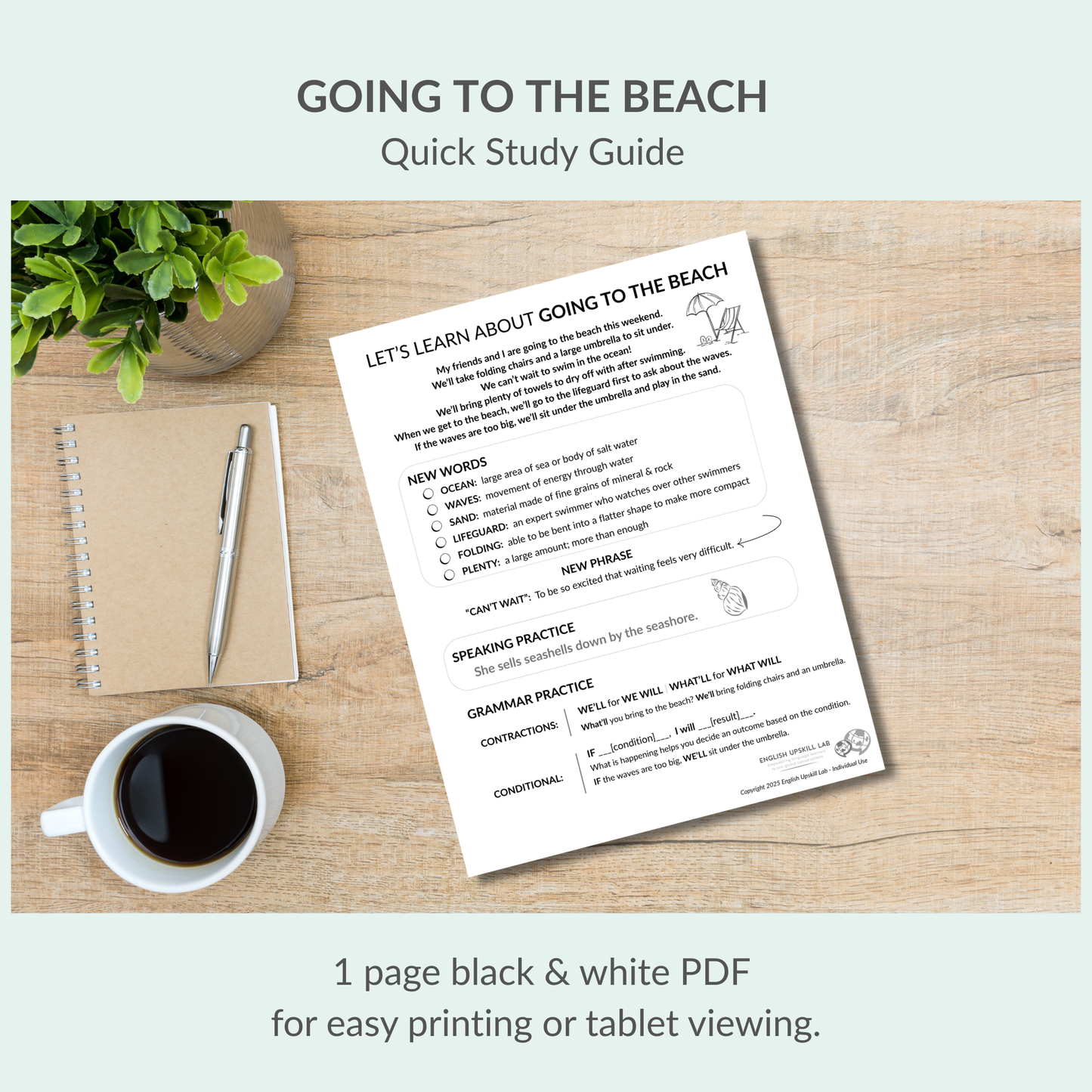 English Lesson Quick Study Guide:  Going to the Beach