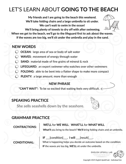 English Lesson Quick Study Guide:  Going to the Beach