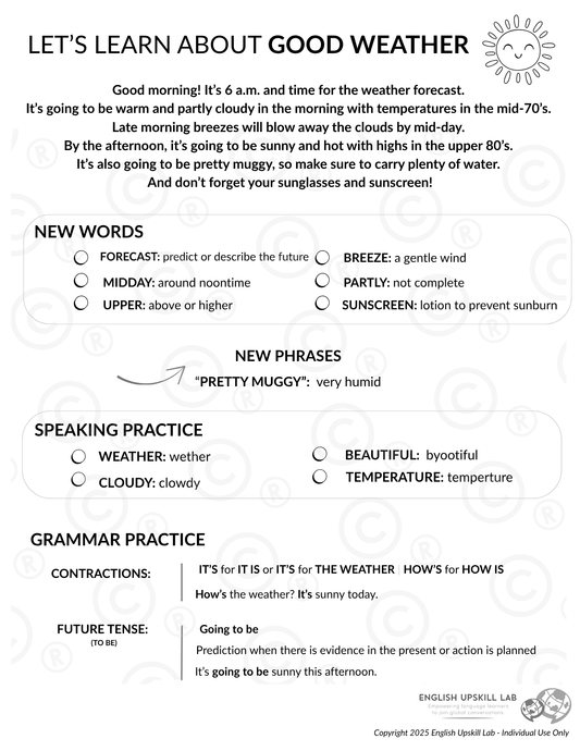 English Lesson Quick Study Guide:  Good Weather