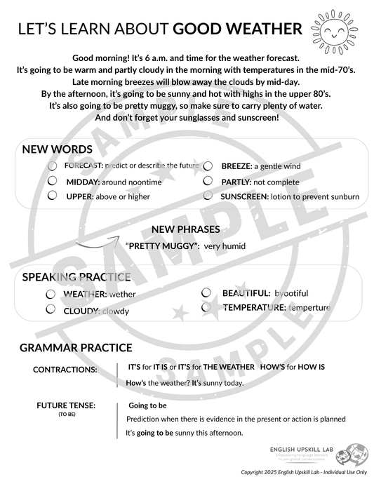 English Lesson Quick Study Guide:  Good Weather